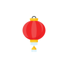 A red Chinese lantern hangs showcasing its round body golden accents and delicate tassels. Icon vector illustration