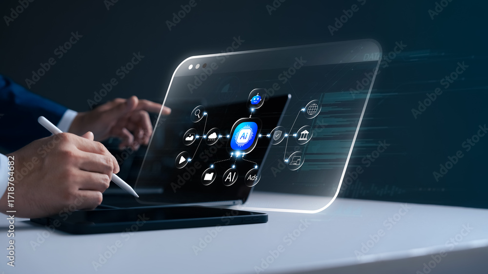 Poster futuristic ai interface concept with chatbot and automation. businessman using digital tablet workin
