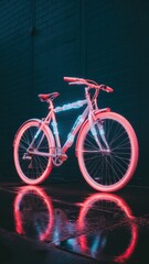 Bicycle illuminated with neon lights reflecting on wet pavement at night bike illumination