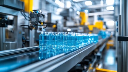 Automated manufacturing line with clear plastic bottles moving along a conveyor belt in a modern facility.