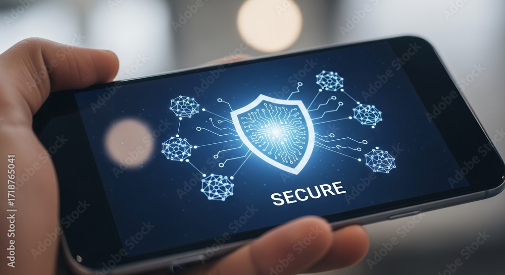 Poster close-up of a hand holding a smartphone displaying a secure shield with network connections, concept