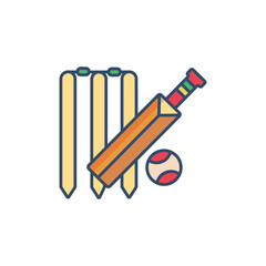A vibrant cricket illustration featuring wickets a bat and a ball against a plain white backdrop. Icon vector illustration