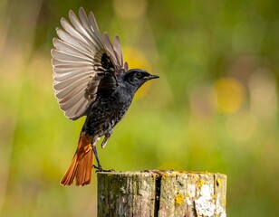 Bird in flight, perched on a post