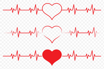 PrintRed heartbeat line icons on white background. Pulse Rate Monitor. Vector illustration.
