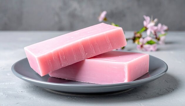Two bars of light pink soap on a gray plate