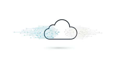 Stylized outline of a cloud with abstract circuit board pattern emanating from it on white, concept for cloud computing infrastructure, data transfer solutions and network connectivity