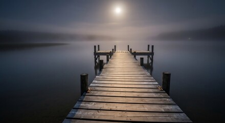 A wooden dock extends into a calm lake under a hazy sky with a glowing moon
