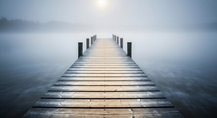 Fototapeta premium A wooden pier stretches into a foggy lake leading toward a bright sun obscured by mist
