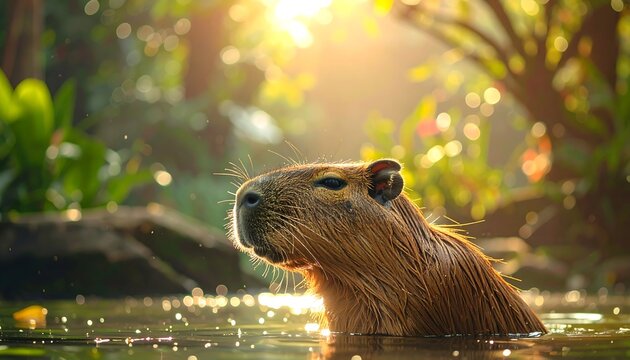 Capybara in sunlit water