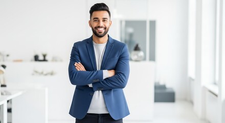 Fototapeta premium Confident businessman stands with arms crossed in bright modern office, smiling broadly. Concept for leadership training, corporate success and modern workplace culture