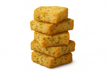 Stack of crispy garlic rusks with herbs, golden fried bread slices, delicious appetizer snack, transparent background