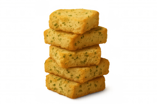 Stack of crispy garlic rusks with herbs, golden fried bread slices, delicious appetizer snack, transparent background