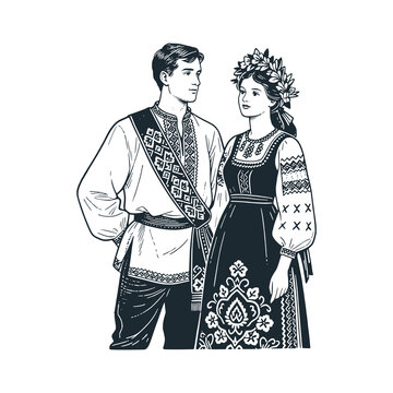 Ukraine couple. Man in vyshyvanka shirt and sash; Woman in embroidered dress with vinok.