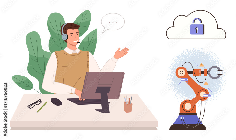 Poster man with a headset at a desk, robotic arm in action, and secure cloud storage icon. ideal for custom