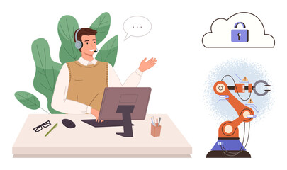 Man with a headset at a desk, robotic arm in action, and secure cloud storage icon. Ideal for customer support, automation, technology, cloud security, telecommunication teamwork innovation. Simple