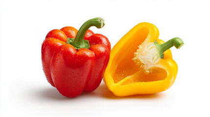 白背景に置かれた赤いパプリカとカットされた黄色いパプリカ