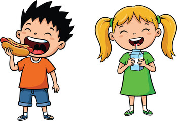 Cartoon kids enjoying fast food, boy eating hotdog, girl drinking juice, happy children meal time, fun eating illustration