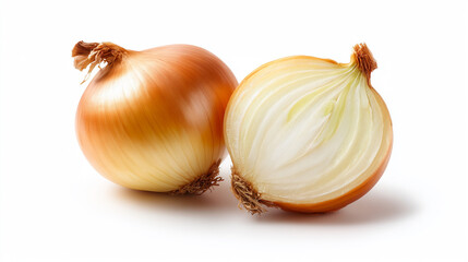 白背景に置かれた 玉ねぎとカットした玉ねぎ