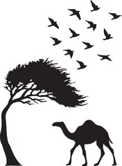 Silhouette of a solitary tree with birds struggling against the wind evoking a retro resistance theme isolated on white background