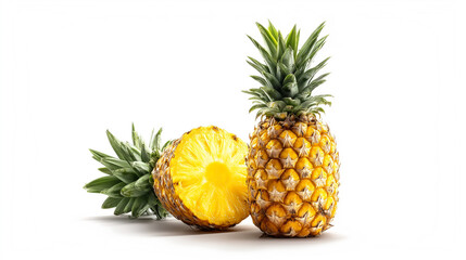 白背景に置かれた パイナップルとカットしたパイナップル