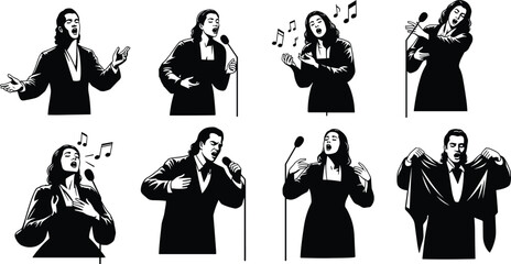 Opera singer illustration, classical music performance, male and female vocalists, emotional singing art, stage concert expression, dramatic artistic opera performers