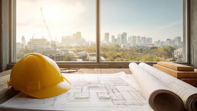 Blueprint's Perspective: A sunlit construction blueprint, helmet, and city skyline create an inspiring workspace, highlighting construction and planning details. 