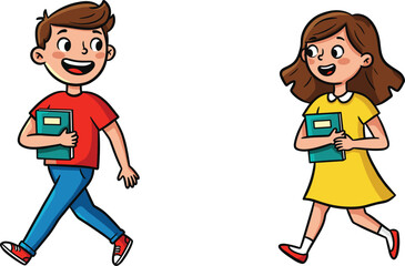Happy school children walking with books, cartoon boy and girl characters, back to school illustration