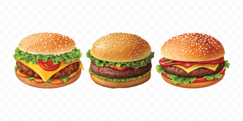 realistic tasty beef burger set in different style isolated on transparent background