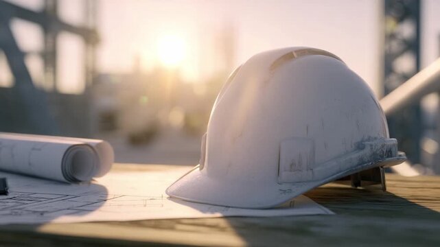 Blueprint and Safety Helmet at Construction Site: A pristine white safety helmet sits prominently alongside a set of architectural blueprints on a construction site.