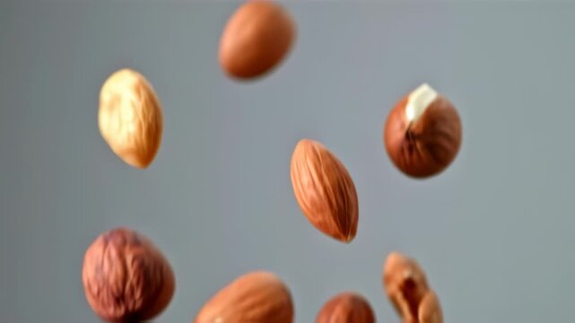 Falling nuts against a muted gray background