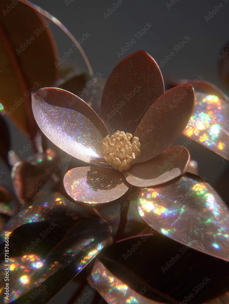 Poster a shimme flower with iridescent leaves catches the sunlight creating a mystical and enchanting scene