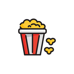 Cartoon popcorn bucket with striped design and overflowing yellow popcorn. Icon vector illustration