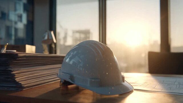 Construction Site Symbolism: A pristine hard hat, symbol of building, safety and industry, rests upon a cluttered desk. The backdrop features a cityscape at golden hour.
