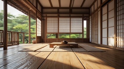 Japanese-style wooden terrace, shoji screens, tatami mats, serene 3D render