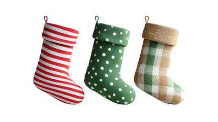 Christmas Stockings Bundle with Striped, Polka Dot, and Plaid Patterns isolated on transparent background