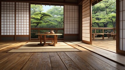 Naklejka premium Japanese-style wooden terrace, shoji screens, tatami mats, serene 3D render