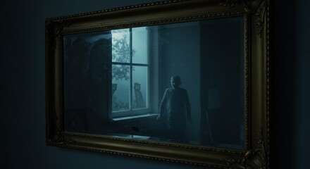 Dark framed mirror reflects a boy standing near a window in a dimly lit room