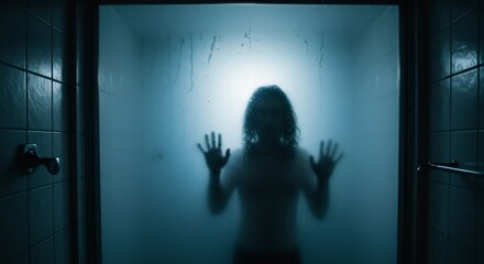 Dark bathroom with a blurred figure pressing against steamy shower door backlit