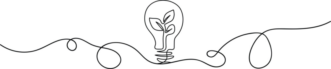 Single line drawing of a lightbulb with a plant growing inside on a white background idea innovation