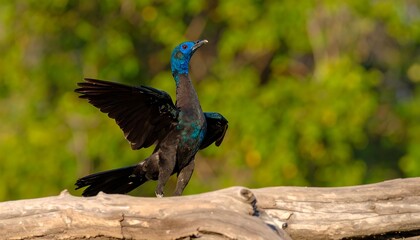 Bird in flight pose on log