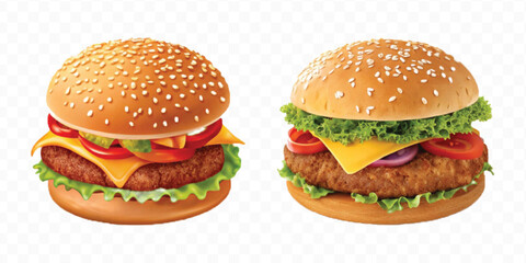 realistic tasty beef burger set in different style isolated on transparent background