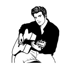 Black and white line art of a cool man playing guitar in casual outfit minimalist stylish illustration
