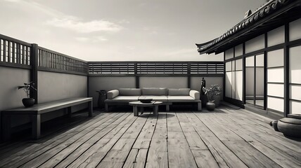 Japanese zen-style rooftop terrace, monochrome filter, 3D