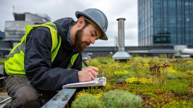 Rooftop Garden Inspection: A dedicated worker, clad in protective gear, meticulously inspects a verdant rooftop garden. His focus, seen through the lens of this photorealistic shot.