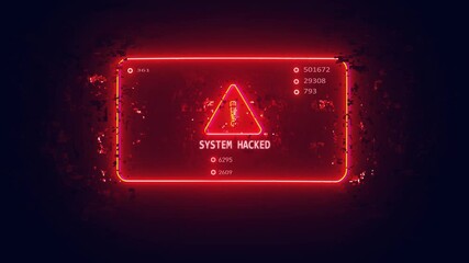 System hacked warning message animation. Cybersecurity defense and system protection from hackers. A digital interface displays a glowing red padlock and a warning message - Powered by Adobe