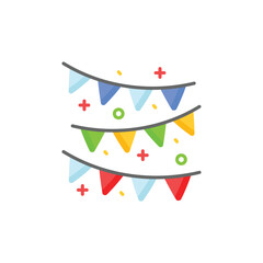 Three bunting strings with triangles in varied colors confetti  crosses decorate around them. Icon vector illustration