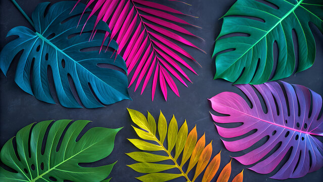 Creative fluorescent color layout made of tropical leaves. Flat lay neon colors. Nature concept.
