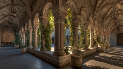 An elegant covered stone walkway with ornate pillars and plants basks in gentle sunlight creating depth and texture on a beautiful day outside.