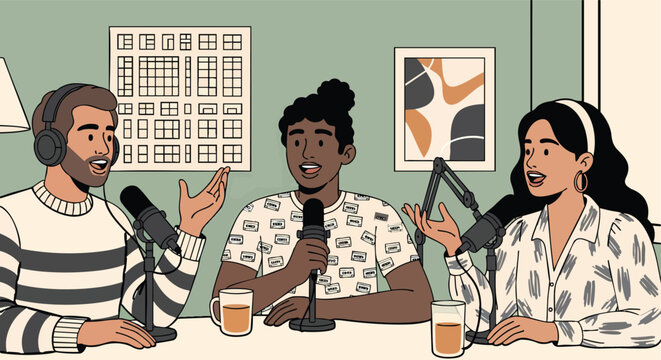 Diverse young people recording a podcast interview illustration vector studio talkshow broadcast media conversation digital