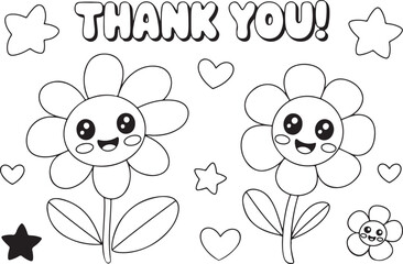 Cute Kawaii Flower Coloring Page with Thank You Text and Cartoon Line Art Design